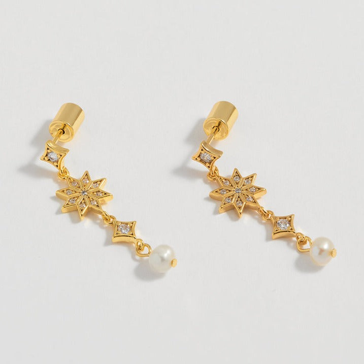 CZ Star and Pearl Drop Earrings - Gold - HAYGEN