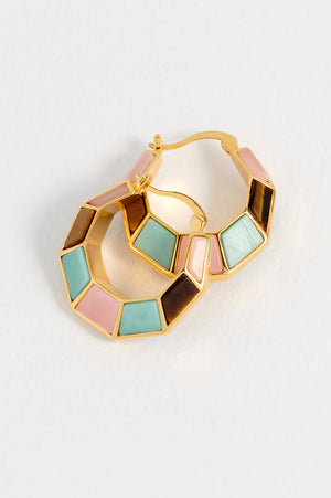 Mixed Gemstone Octagon Hinge Hoops Earrings - HAYGEN