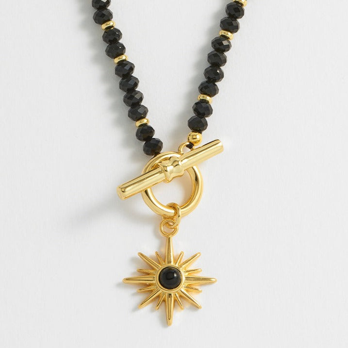 Black Agate Star Charm T-Bar Necklace - Gold Plated - HAYGEN
