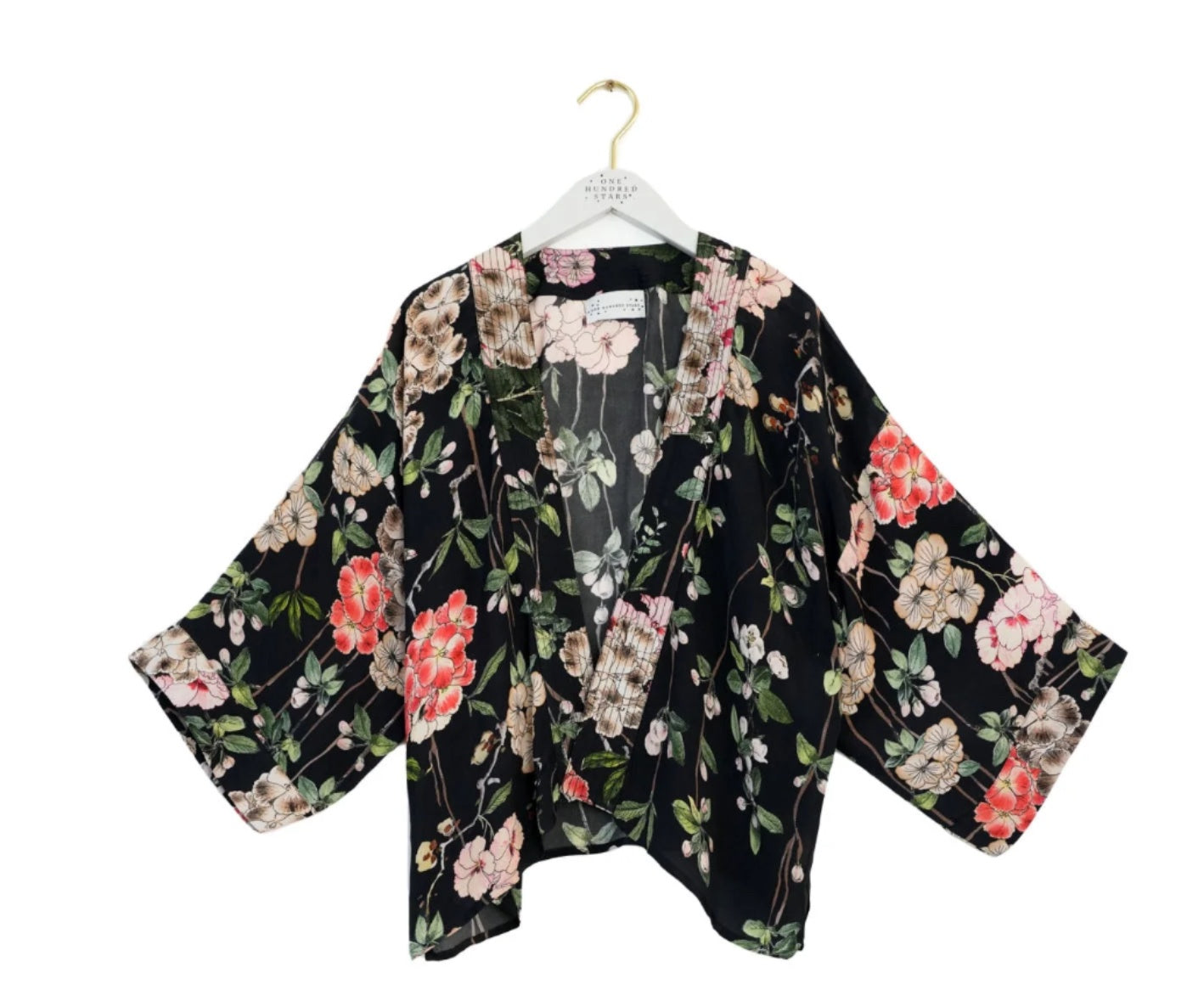 One Hundred Stars - Trailing Blossom Black Crepe Kimono - HAYGEN