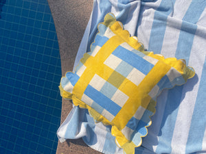 Amuse la Bouche - Outdoor Lemon & Azure Check Scallop Cushion Cover - HAYGEN