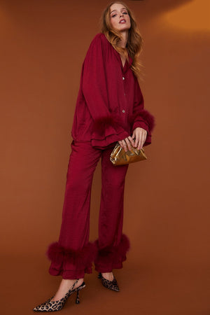 Silk Blend Feather Pyjama - Red - HAYGEN