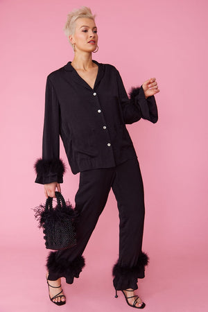 Silk Blend Feather Pyjamas - Black - HAYGEN