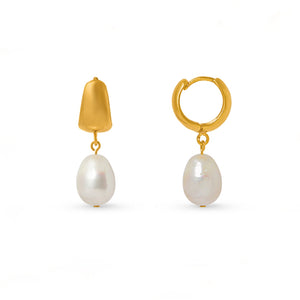 Domed Pearl Drop Huggie Hoop Earrings- Gold - HAYGEN