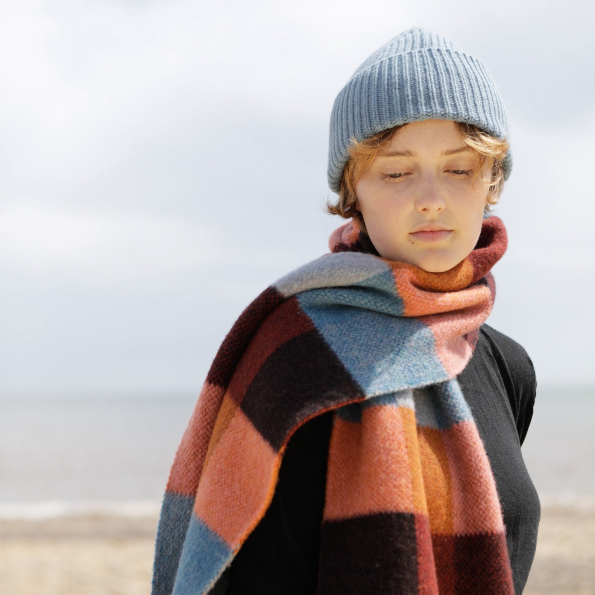 Quinton & Chadwick - Big Brushed Scarf - Brown, Coral & Blue - HAYGEN
