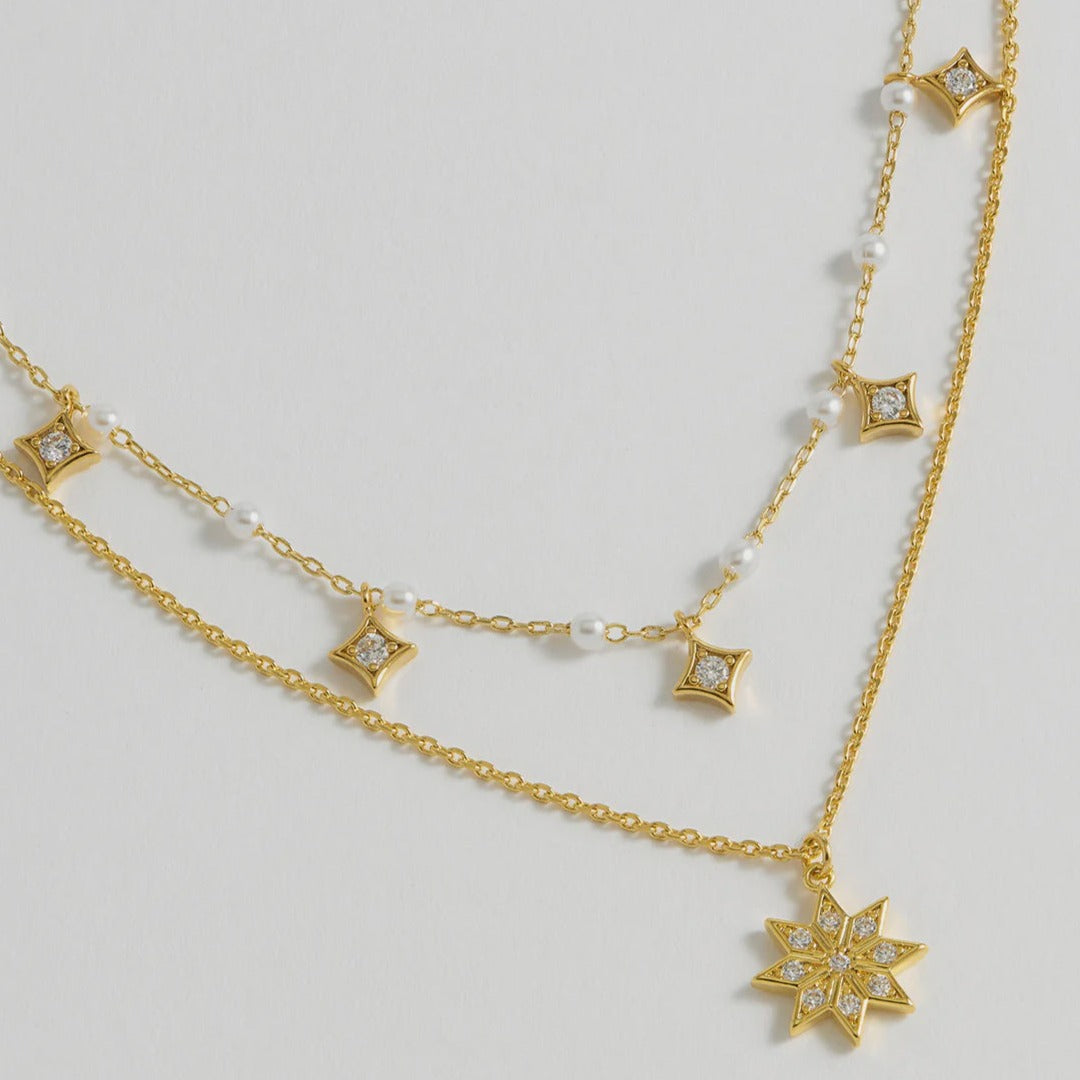 Pearl and Star Double Chain Necklace - Gold Plated - HAYGEN