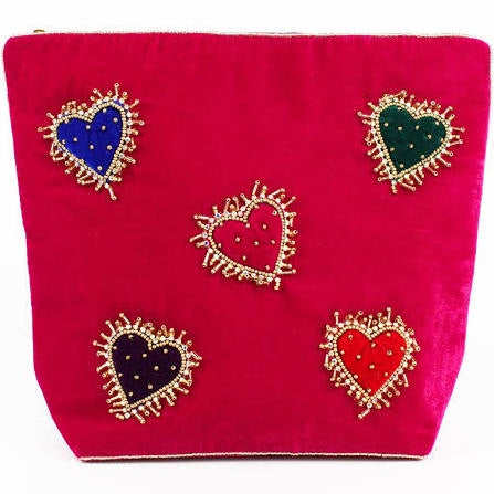 Velvet Beaded Multi Hearts Make up Bag - HAYGEN