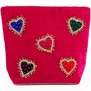 Velvet Beaded Multi Hearts Make up Bag - HAYGEN