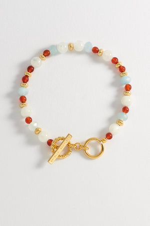 Moonstone -Blue And Red Beaded T Bar Bracelet - Gold Plated - HAYGEN