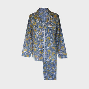Cotton Block Print Pyjamas - Jaipur Floral Blue/Yellow - HAYGEN