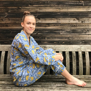 Cotton Block Print Pyjamas - Jaipur Floral Blue/Yellow - HAYGEN