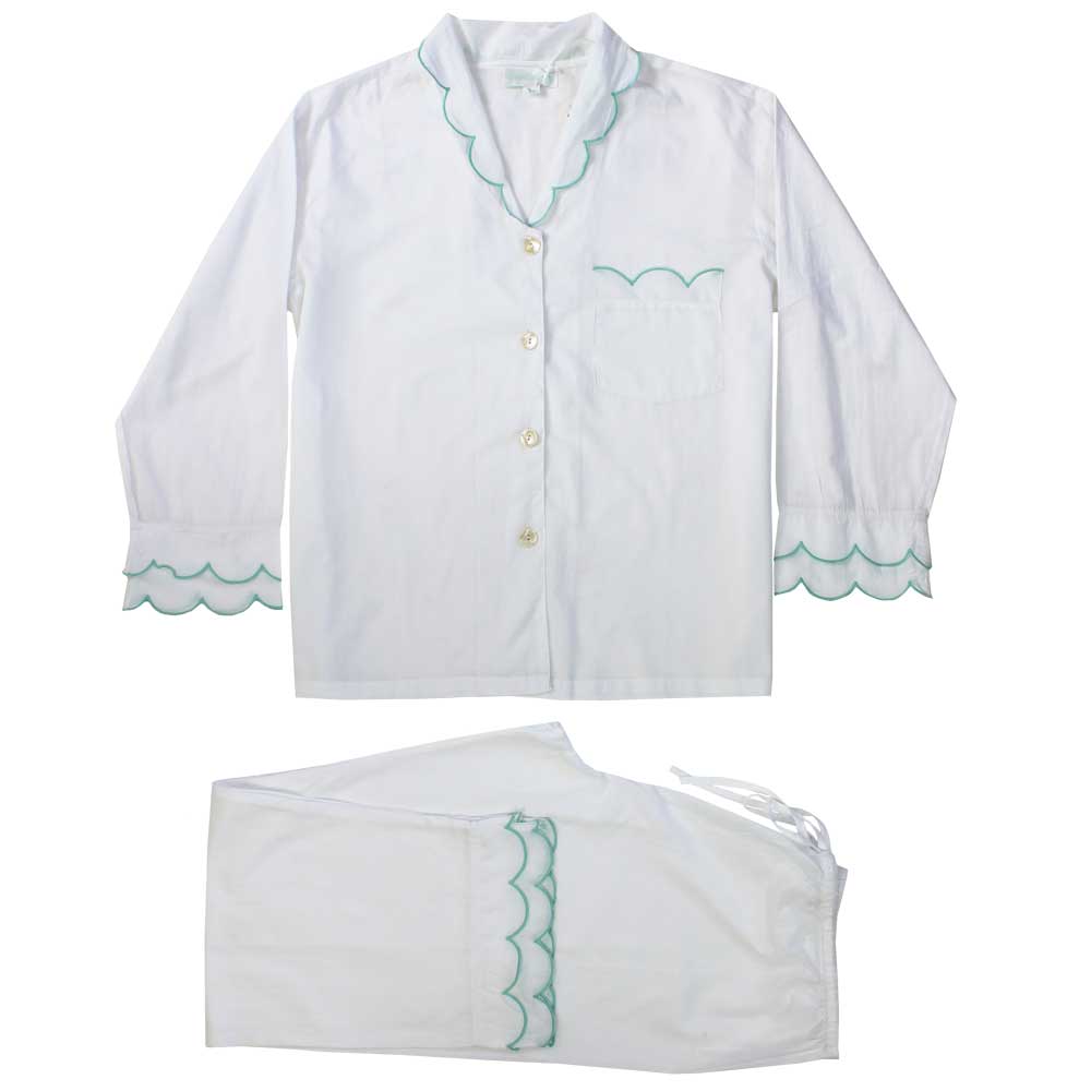 Cotton Pyjamas - White & Mint Scalloped Edge - HAYGEN