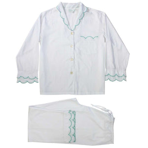 Cotton Pyjamas - White & Mint Scalloped Edge - HAYGEN