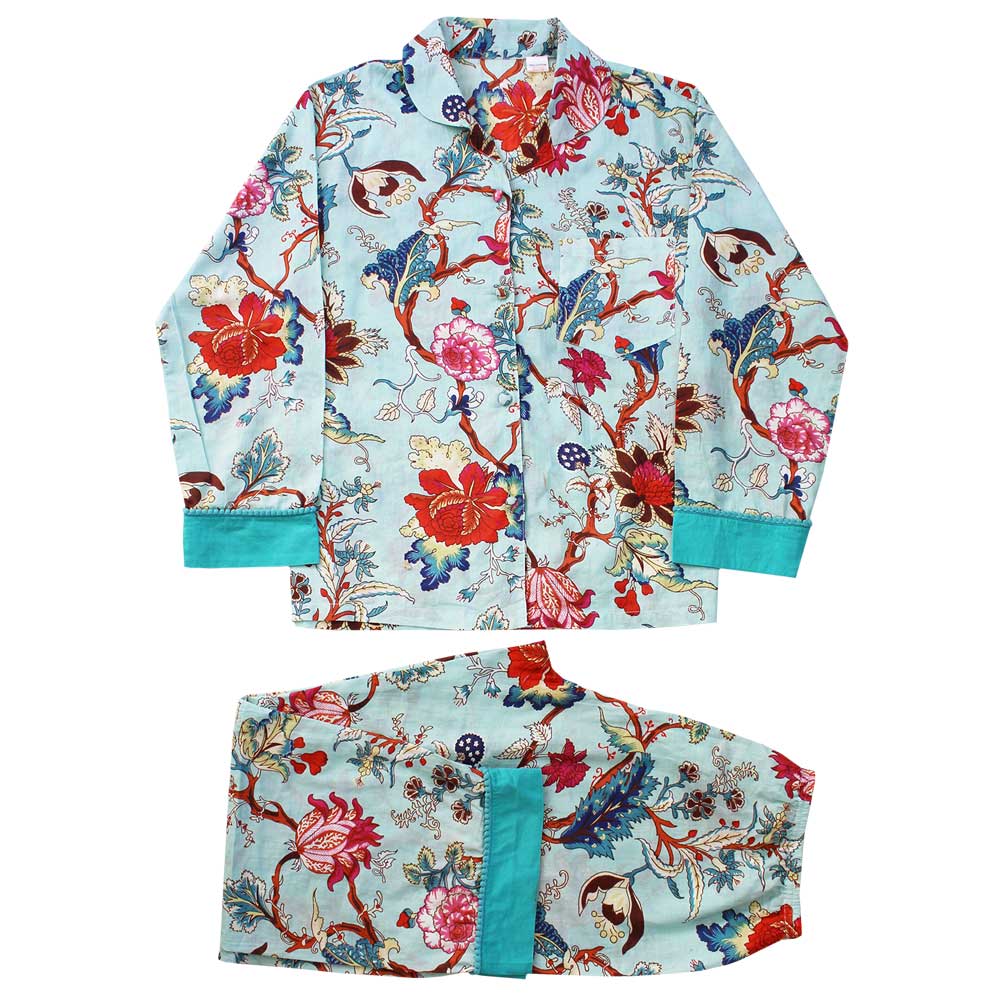 Cotton Pyjamas - Blue Exotic Flowers - HAYGEN