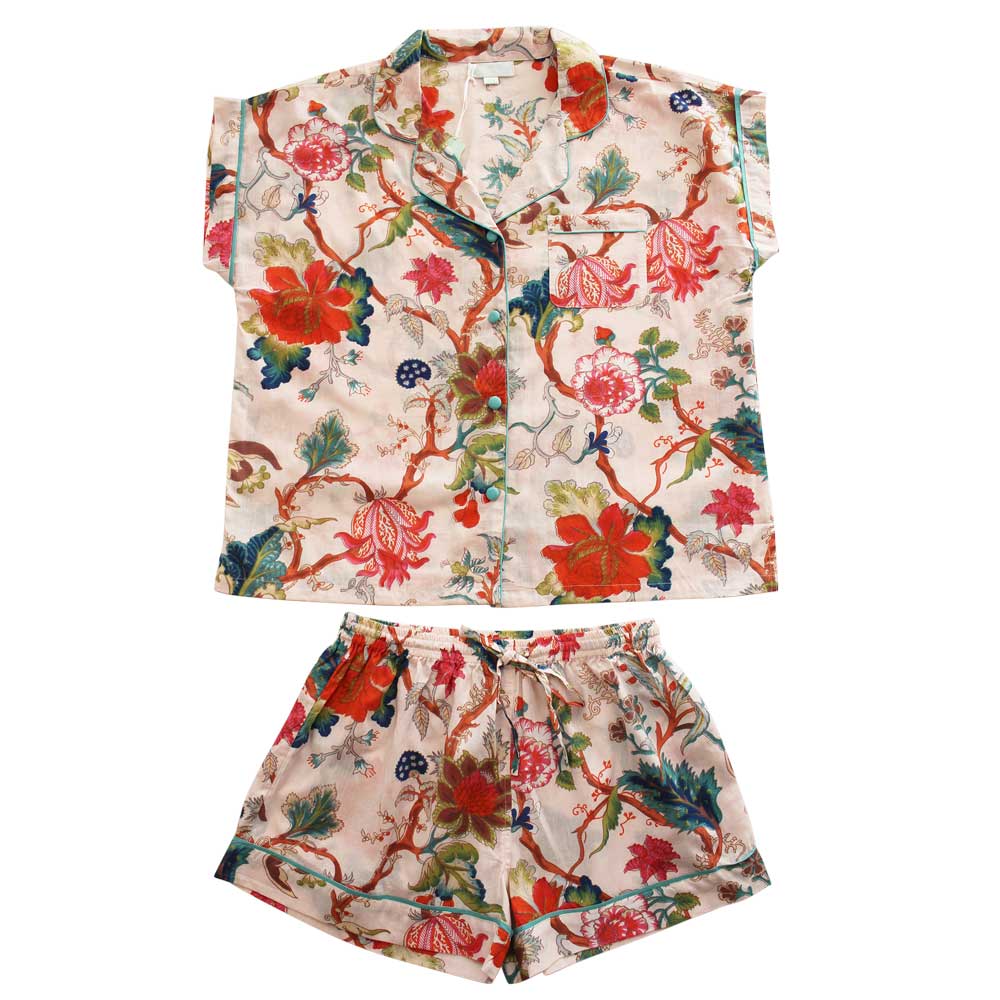 Short Sleeve Cotton Pyjamas - Pink Exotic Flowers - HAYGEN