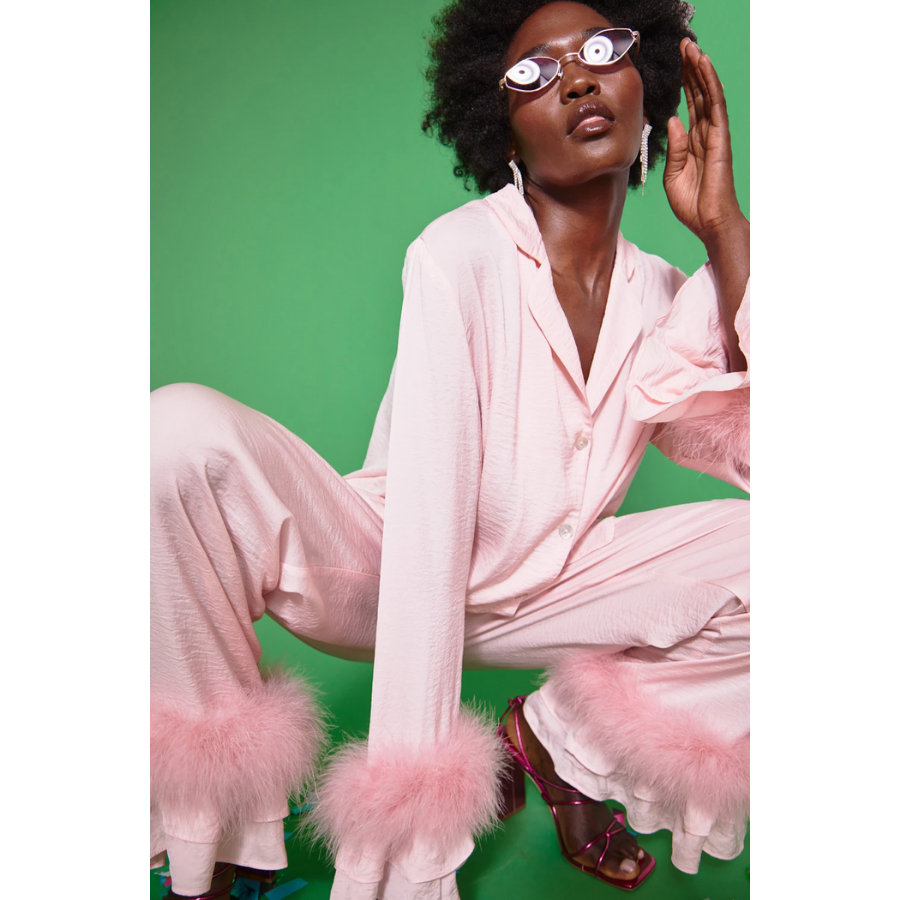 Silk Blend Feather Pyjama - Pink - HAYGEN