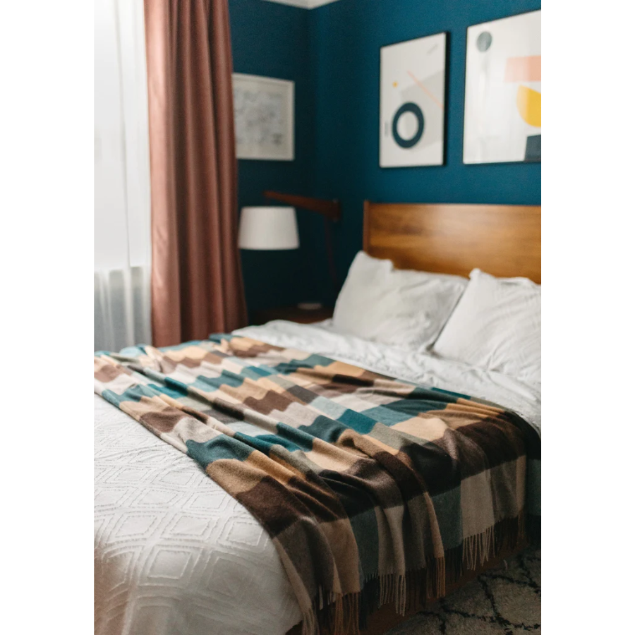 The Tartan Blanket Co - Lambswool Blanket - Teal Block Check - HAYGEN