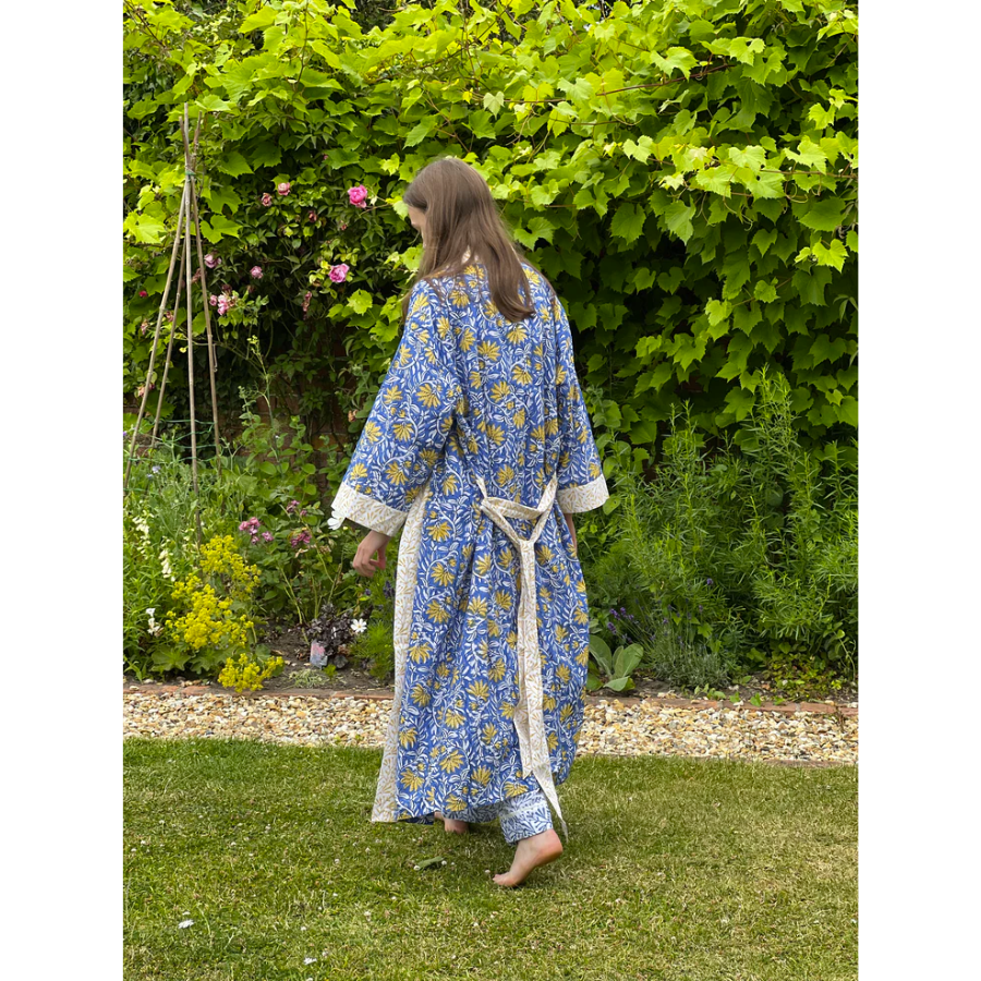 Block Print Kimono - Blue & Yellow Jaipur - HAYGEN