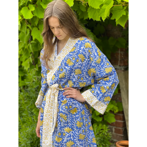 Block Print Kimono - Blue & Yellow Jaipur - HAYGEN