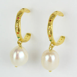 Gold Raw Pearl Multi crystal Hoops - HAYGEN