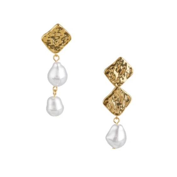 Molten Square & Pearl Asymetrical Drop Earrings - HAYGEN